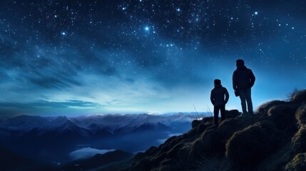 Naklejka premium Silhouette of Travelers Standing on Top of the Mountain, Couple Observing the Stars in Night Sky, Young People Hiking Adventure. Generative Ai