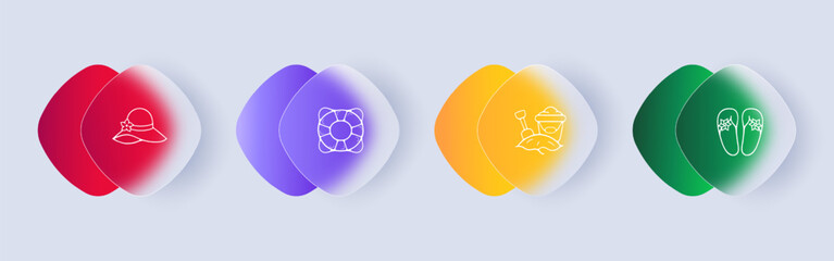 Summer vacation line icon. Hat, sun protection, lifebuoy, flip flops, bucket. Glassmorphism style. Vector line icon for Business