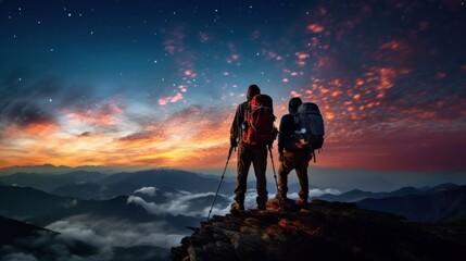 Silhouette of Travelers Standing on Top of the Mountain, Couple Observing the Stars in Night Sky, Young People Hiking Adventure. Generative Ai