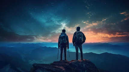 Photo sur Aluminium Blue nuit Silhouette of Travelers Standing on Top of the Mountain, Couple Observing the Stars in Night Sky, Young People Hiking Adventure. Generative Ai
