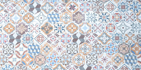 Ceramic tile texture background in oriental style. Abstract mosaic tiles pattern. Vintage tiled floor. Old ceramics wall. Arabic design of bathroom.