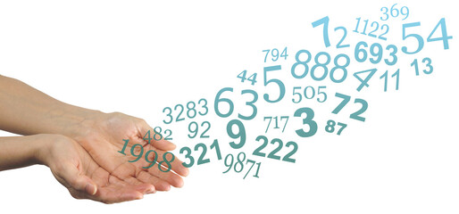 Numerology Concept with   random numbers flowing from cupped hands - blue green  numbers moving outwards from  female hands isolated on a white background 
