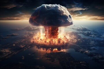 Satellite view of the explosion of a huge nuclear bomb on the surface of the Earth. Nuclear war. Judgment day for all mankind.