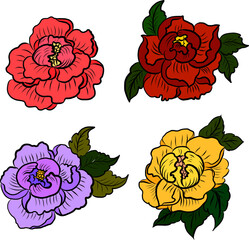 Set of flower vector for painting on background.Peony for printing on curtain.Traditional  Asian floral illustration for embroidery style.Rose flower.Beautiful line art for summer.