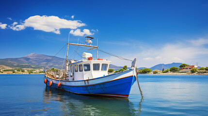 Naklejka na ściany i meble Fishing boat anchored at Elafonisos island port
