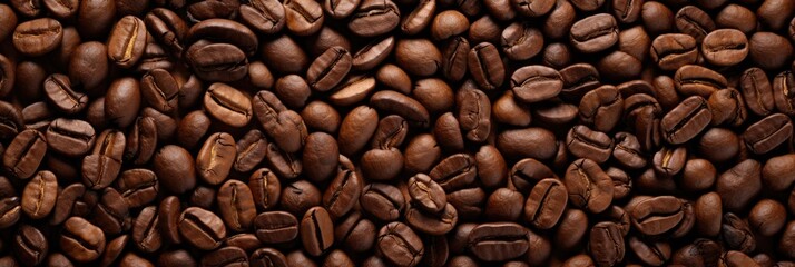 Fototapeta premium Roasted Coffee beans background, texture and copy spase, panorama top view.