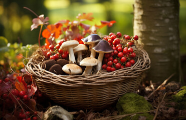 Fototapeta na wymiar Autumn basket of mushrooms and red berries