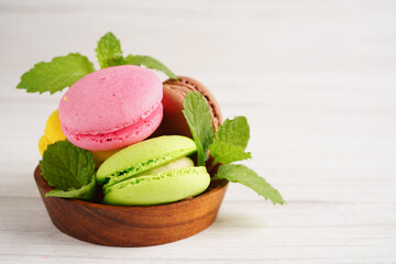 Macaron or french macaroon dessert, cake and cookies on the celebrated birthday.