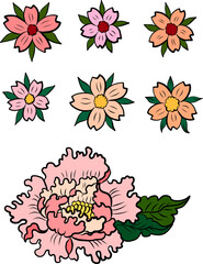 Set of flower vector for painting on background.Peony for printing on curtain.Traditional  Asian floral illustration for embroidery style.Rose flower.Beautiful line art for summer.Sakura vector.