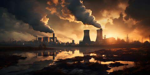 Pollution of the environment with waste from the factory, thick smoke from industrial pipes polluting nature, ecological problem