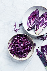 Red cabbage, partially chopped. Top view. Copy space. Healthy food ingredients - 637784200