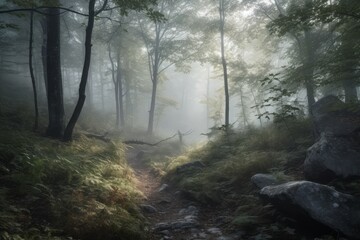 Obraz premium A misty forest with rocky terrain and towering trees