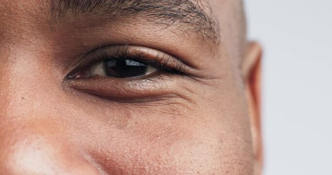 Eye, vision and iris with portrait of black man in studio for zoom, healthcare, optometry or retina. Human, contact lens and exam with closeup of person on white background for medical and eyeball