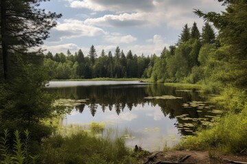 Obraz premium A serene lake nestled among lush greenery