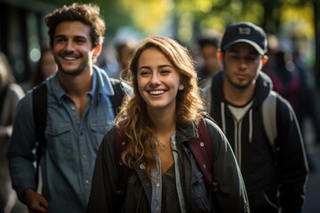 Obraz premium College student with friends at outdoors. College student working on the college campus. Generative AI