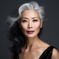 Beautiful and confident older Asian woman with naturally grey wavy long hair. Concept of natural and positive ageing. Not afraid of the future. 
