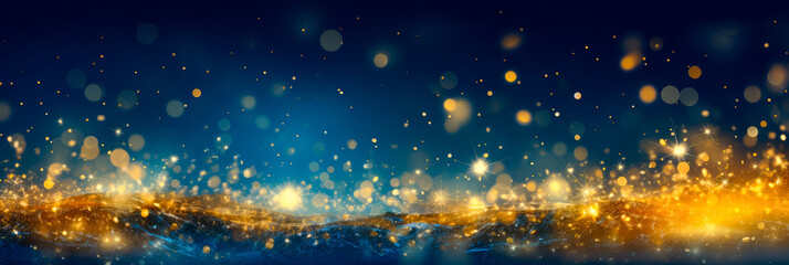 Weihnachtsfeier, goldene Sterne und Lichter auf dunkel blauem Hintergrund. Generiert mit KI - obrazy, fototapety, plakaty