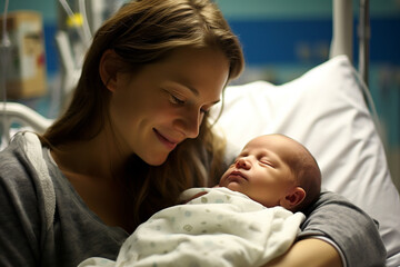 Happy mother and newborn baby in hospital bed