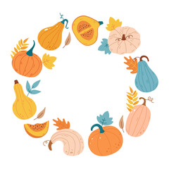 Autumn frame with pumpkin of various shapes