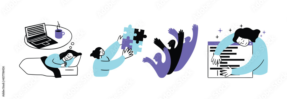 Aufkleber cartoon color web development concept scenes set flat design style. vector illustration of character