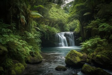 A majestic waterfall surrounded by a vibrant green forest
