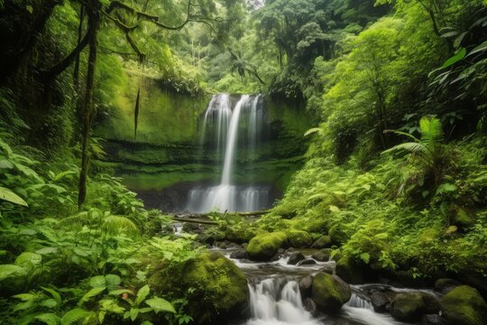 A picturesque waterfall surrounded by lush greenery in a serene forest setting