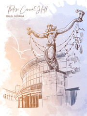 Statue of Melpomene in front of The Tbilisi Concert Hall building. Tbilisi, Georgia. Line drawing isolated on watercolor textured grunge background. EPS10 vector illustration