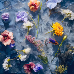 Fototapeta na wymiar Fresh spring field flowers frozen with cold ice during cold winter days. Romantic floral background.
