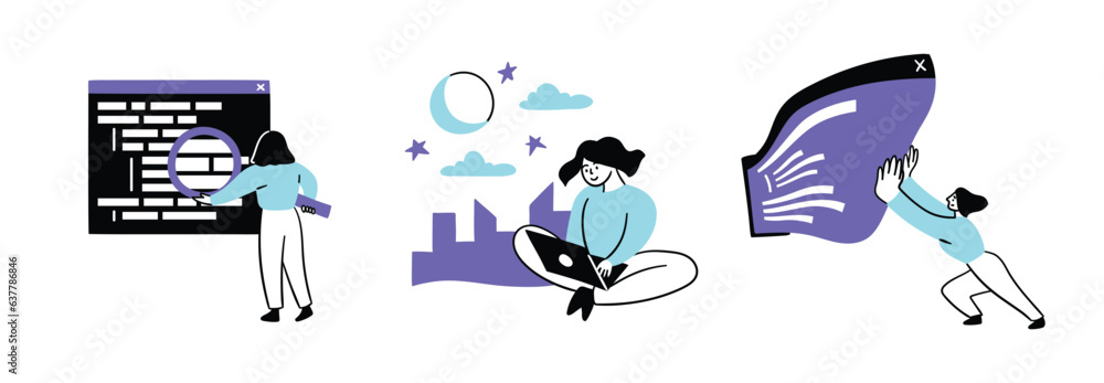 Poster cartoon color web development concept scenes set flat design style. vector illustration of character