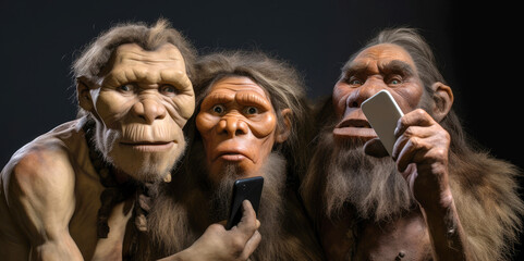 Realistic funny cute Neanderthals selfies - obrazy, fototapety, plakaty