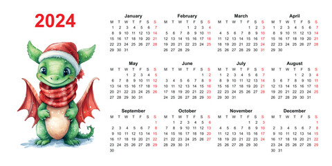 Calendar 2024 dragon watercolor chinese template
