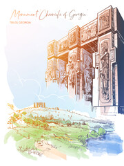 Chronicle of Georgia monument , Tbilisi sea, Georgia. Line drawing watercolour painted and isolated on white background. EPS10 vector illustration