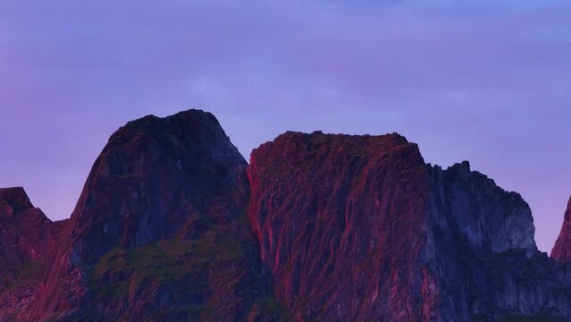 Craggy Sheer Mountains Near Hus&oslash;y Village In Senja, Troms og Finnmark County, Norway. Aerial Drone Shot