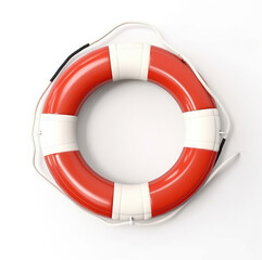 Red lifebuoy with white stripes isolated on white background, top view