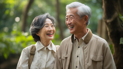 Happy Asian seniors couple laughing with happiness durring travel together