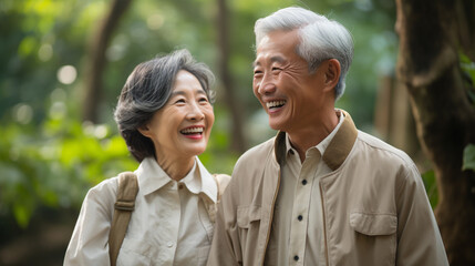 Fototapeta premium Happy Asian seniors couple laughing with happiness durring travel together