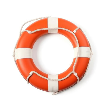Red lifebuoy with white stripes isolated on white background, top view