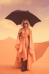 A beautiful woman witch wizard stands confidently in the desert, her stylish halloween dress and umbrella standing out against the pumpkin-strewn sky