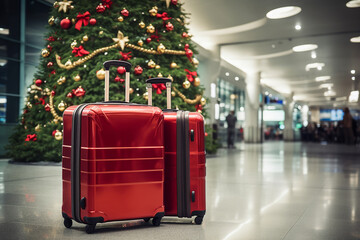 Red suitcases near Christmas tree at the airport - obrazy, fototapety, plakaty