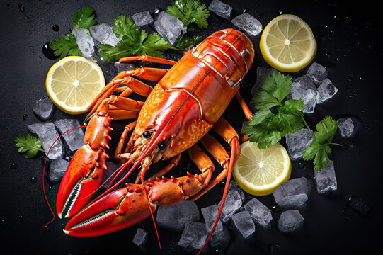 Exquisite Seafood Delicacy Whole Red Lobster with Ice and Lemon on Dark Background, Top View. created with Generative AI