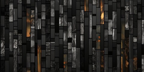 Seamless rich luxe black crystal gemstone contemporary patchwork pattern. Tileable marble agate, onyx, obsidian or tourmaline cross section mosaic bars background texture. 8k wallpaper, Generative AI