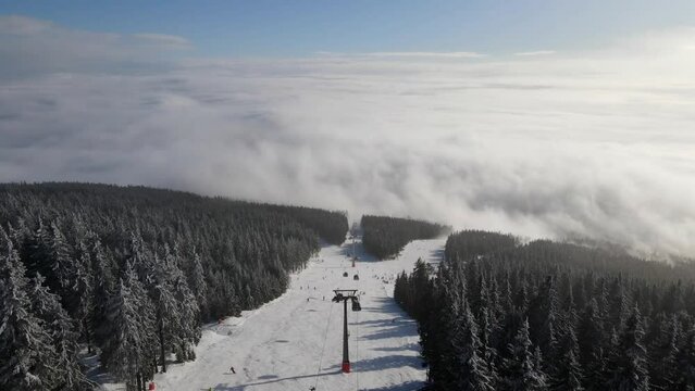 Drone shot of a ski slope in Pec Pod Snezkou, Czech Republic