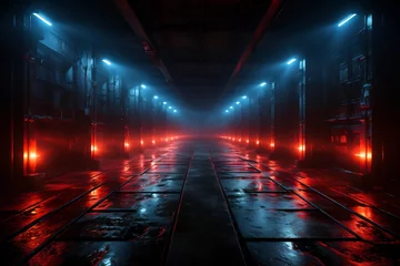 Foto op Canvas Long dark hallway with red lights on either side of it. © valentyn640