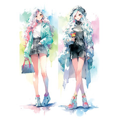 Cartoon anime fashion girl watercolor for lifestyle design.