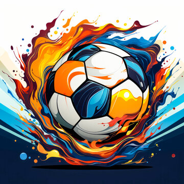Soccer ball with colorful paint splatters on it.