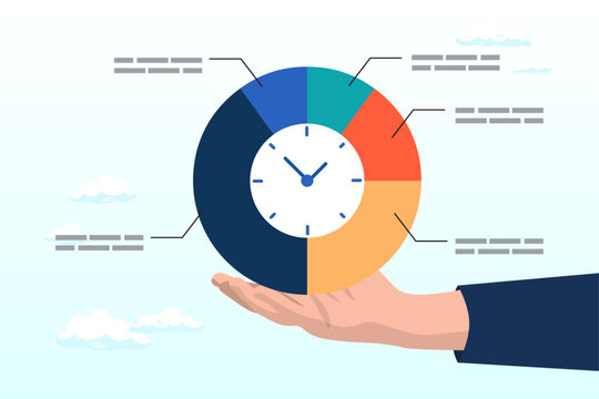 Businessman hand holding pie chart with clock, time management, project plan schedule, deadline or work efficiency, urgency or strategy to finish work in time, productivity or appointment (Vector)