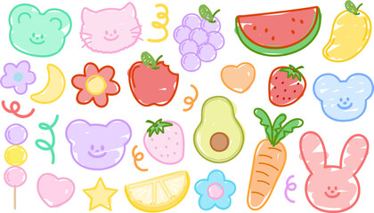 Doodle illustration of teddy bear, cat, rabbit, puppy, grape, watermelon, mango, strawberry, apple, lemon, avocado, carrot, flowers, moon, star, dango for cartoon character, animal, fruits, vegetables