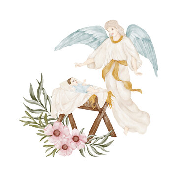Illustration of Jesus Christ in the manger with angel
