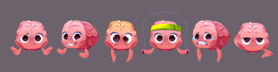 Brain emoticon character cute cartoon vector icon. Memory muscle training workout with happy mascot and jump rope. Isolated knowledge organ face express problem, thumb up, discipline and intellect