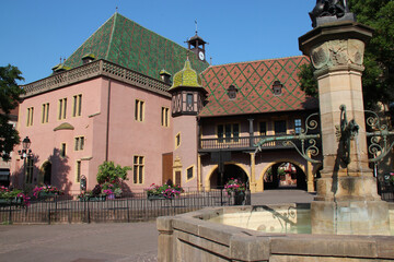 fountain and gothic hall (former custom : koïfhus) in colmar in alsace (france)